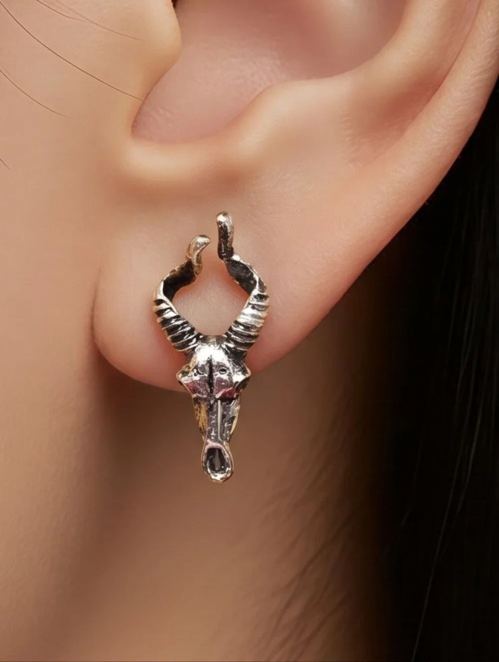 Tiny Antelope Skull Stud Earrings Antique Silver Western Gothic Ram Horn NWT